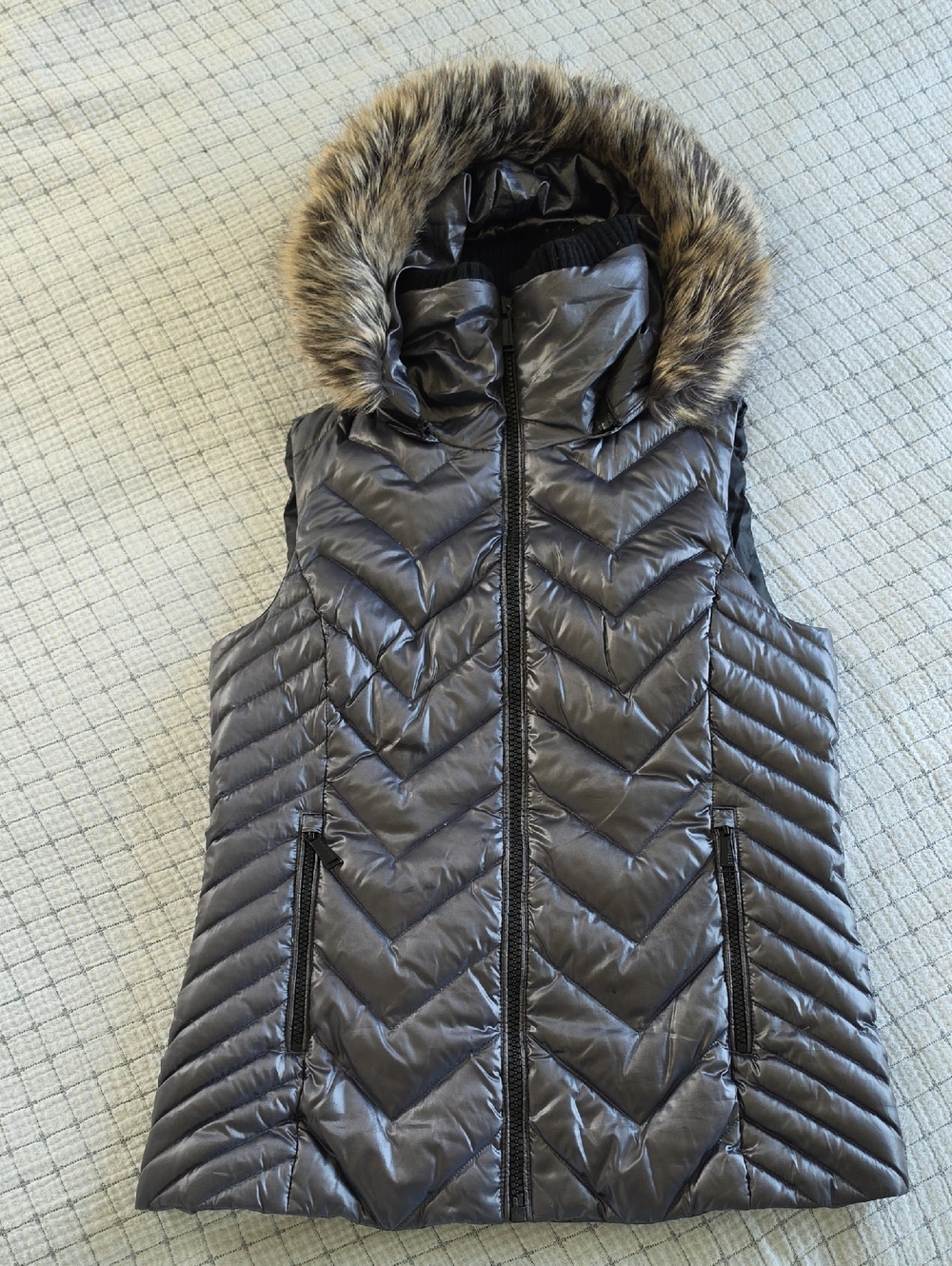 BCBGeneration Charcoal Quilted Hooded Puffer Vest with Faux-Fur Trim